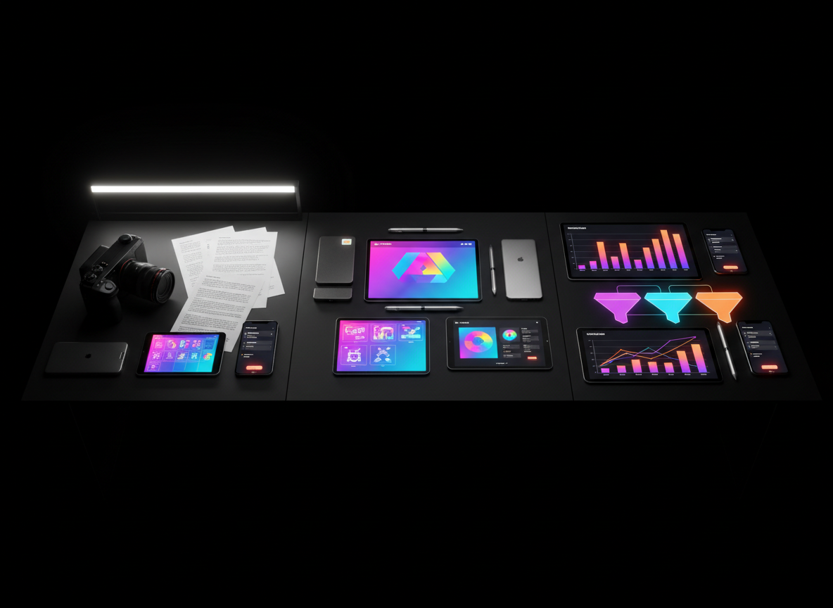 A cinematic overhead view of a large black tabletop divided into three distinct zones: a compact studio camera and storyboard sketches for video, colorful interface wireframes and logo explorations for design, and bold analytics charts and digital funnel diagrams for marketing. Sleek metallic devices and glossy tablets subtly suggest contact forms and clear call-to-action layouts on their screens, without readable text. Dramatic side lighting from a single light bar creates strong highlights and long shadows, giving the scene a bold, high-impact feel. Photographic realism, sharp focus throughout, with a dark, minimal background that makes the saturated campaign colors pop, conveying integrated, results-driven creative services.