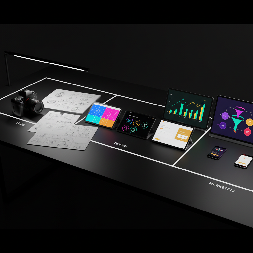 A cinematic overhead view of a large black tabletop divided into three distinct zones: a compact studio camera and storyboard sketches for video, colorful interface wireframes and logo explorations for design, and bold analytics charts and digital funnel diagrams for marketing. Sleek metallic devices and glossy tablets subtly suggest contact forms and clear call-to-action layouts on their screens, without readable text. Dramatic side lighting from a single light bar creates strong highlights and long shadows, giving the scene a bold, high-impact feel. Photographic realism, sharp focus throughout, with a dark, minimal background that makes the saturated campaign colors pop, conveying integrated, results-driven creative services.