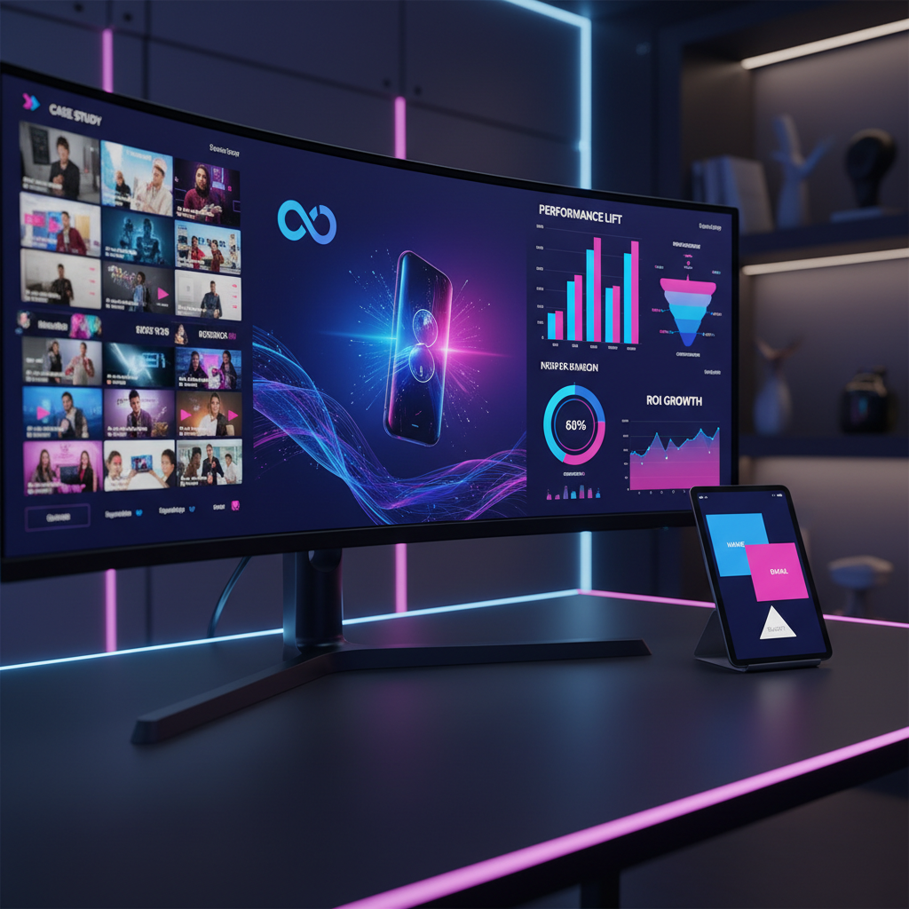 A large ultra-wide monitor on a matte black desk displaying a vivid marketing case study dashboard: one side shows dynamic video thumbnails and storyboard frames, the center highlights striking brand visuals, and the right showcases bold performance graphs and conversion funnels. Nearby, a sleek tablet presents a simplified contact form interface represented by clean geometric shapes. The environment is a dim, contemporary studio with subtle blue and magenta accent lighting, casting a futuristic glow on brushed metal surfaces. Captured in photographic realism at eye level with a shallow depth of field, the composition uses rule of thirds, creating a confident, data-driven, and aspirational mood focused on portfolio and measurable results.