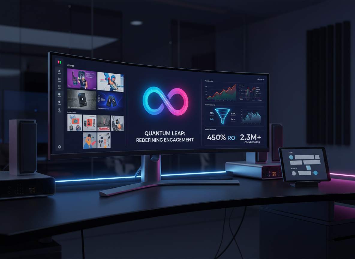 A large ultra-wide monitor on a matte black desk displaying a vivid marketing case study dashboard: one side shows dynamic video thumbnails and storyboard frames, the center highlights striking brand visuals, and the right showcases bold performance graphs and conversion funnels. Nearby, a sleek tablet presents a simplified contact form interface represented by clean geometric shapes. The environment is a dim, contemporary studio with subtle blue and magenta accent lighting, casting a futuristic glow on brushed metal surfaces. Captured in photographic realism at eye level with a shallow depth of field, the composition uses rule of thirds, creating a confident, data-driven, and aspirational mood focused on portfolio and measurable results.