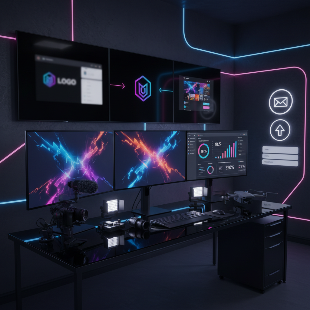 A bold, ultra-modern marketing agency workspace with a sleek black glass desk covered in high-end video gear, color-calibrated monitors showing abstract motion graphics, and vibrant campaign dashboards. On the wall behind, large frameless screens display dramatic before-and-after visuals of brand transformations. The space is surrounded by dark charcoal walls with subtle neon accent strips and a clean area suggesting a contact form interface and strong call-to-action buttons as glowing, minimal icons. Shot in photographic realism from a slightly elevated angle, with crisp, cool studio lighting creating sharp reflections and confident contrast, the atmosphere feels energetic, innovative, and conversion-focused, emphasizing video, design, and marketing power.