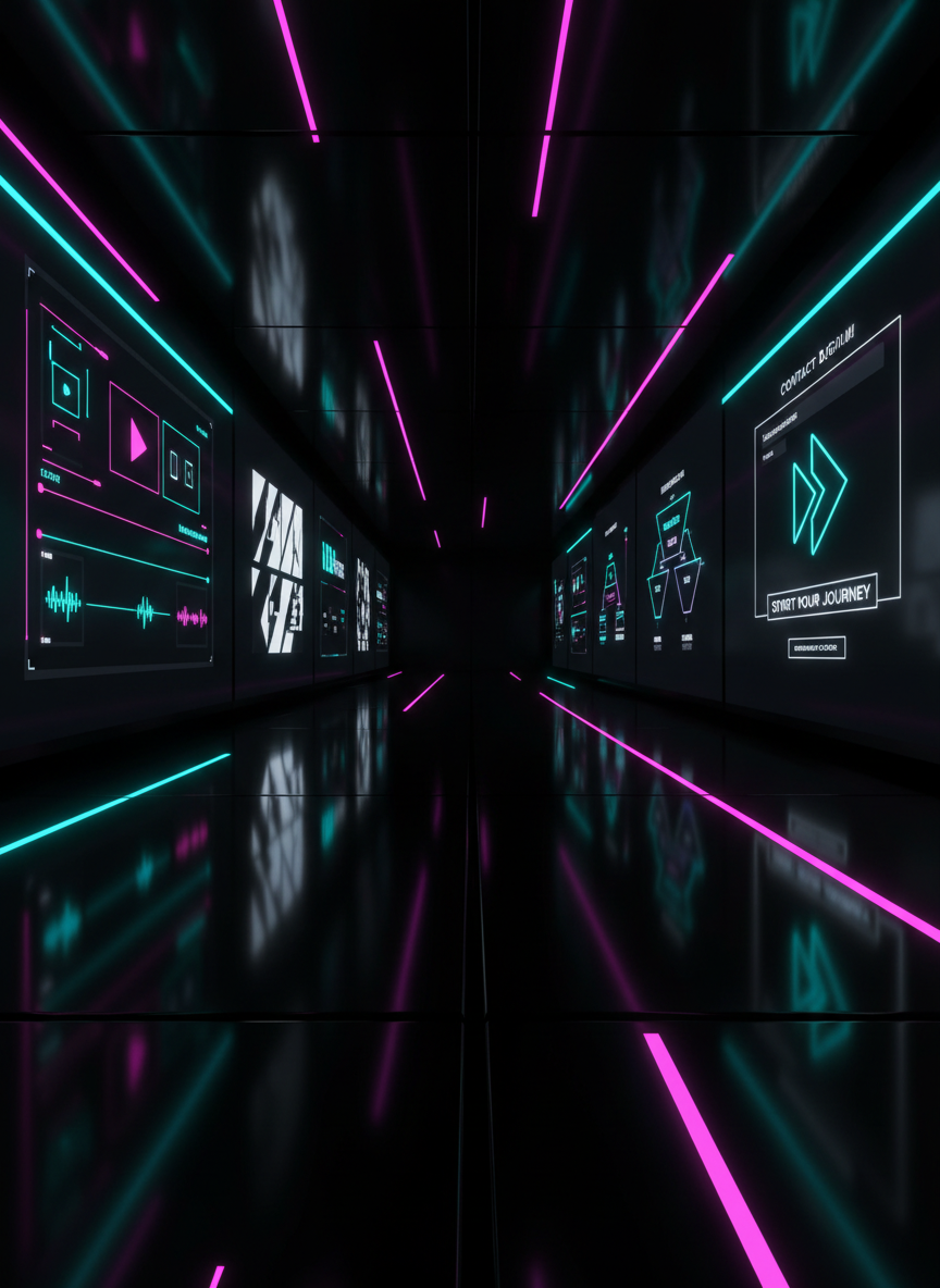 An abstract, highly polished photographic scene of a dark, reflective corridor made of glossy black panels, each panel acting as a digital screen. One panel shows a looping video timeline, another reveals bold brand design mockups, another displays clean marketing funnels and conversion metrics, and a final one suggests a simple contact form and prominent CTA through geometric icons. Neon streaks of electric cyan and hot magenta light travel down the corridor, casting dynamic reflections and motion blur. Shot from a low-angle perspective looking forward, with strong contrast and deep shadows, the mood is bold, futuristic, and immersive, representing the full journey from creative concept to lead conversion.