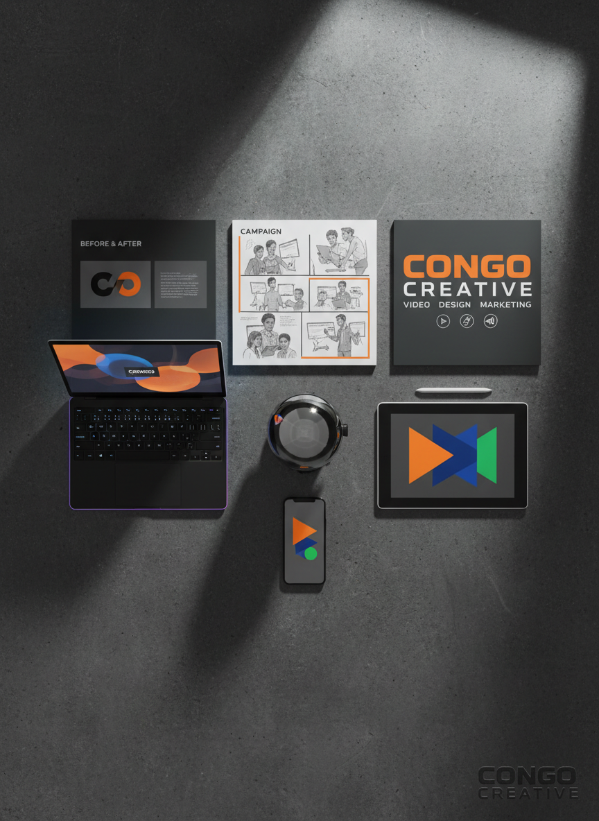 A curated flatlay of premium creative tools arranged on a dark concrete surface: a mirror-finish cinema camera, a slim laptop with glowing edge lighting, a graphics tablet with vivid brand style frames, and a smartphone displaying a minimal interface hinting at a bold “start project” call-to-action using shapes instead of text. Beside them, printed portfolio boards show striking before-and-after brand treatments and campaign storyboards. Strong overhead studio lighting creates crisp, defined shadows and reflective highlights on metal and glass surfaces. Captured in photographic realism with a centered, symmetrical composition and rich saturation, the atmosphere feels intense, focused, and unapologetically bold, communicating Congo Creative’s video, design, and marketing service offering at a glance.